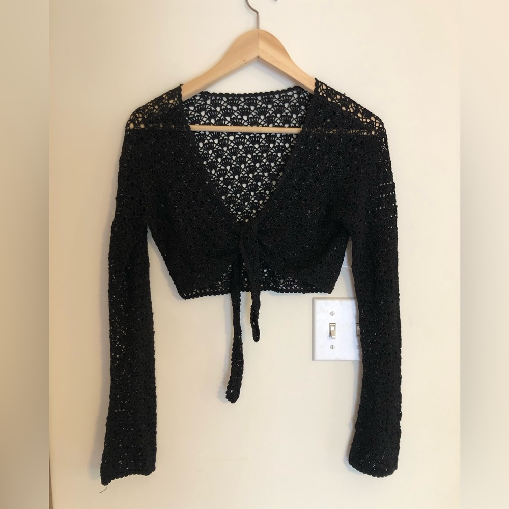Black Crochet Tie-Front Crop Top